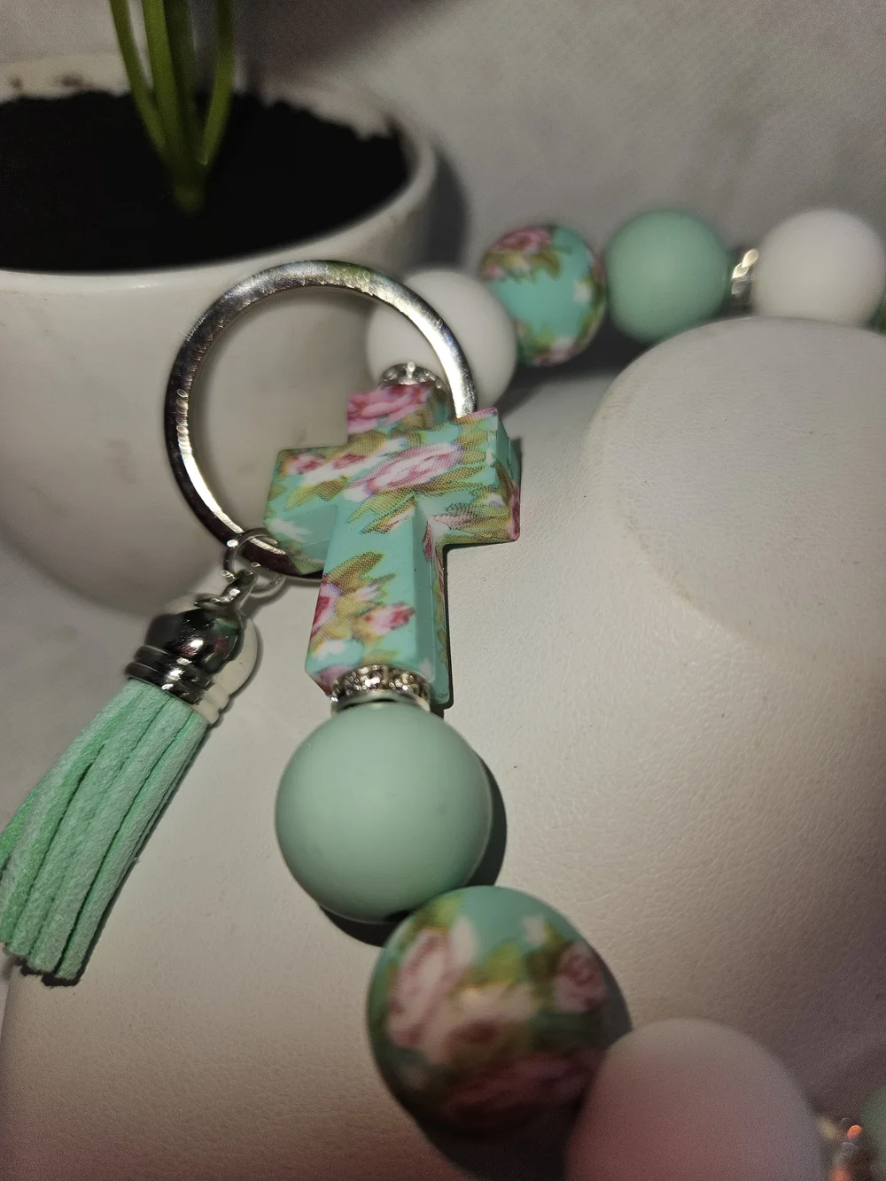 Mint & White Beaded Key Ring with Pink Tassel